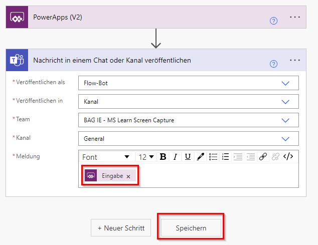 Screenshot des abgeschlossenen Flows mit hervorgehobener Schaltfläche „Speichern“.