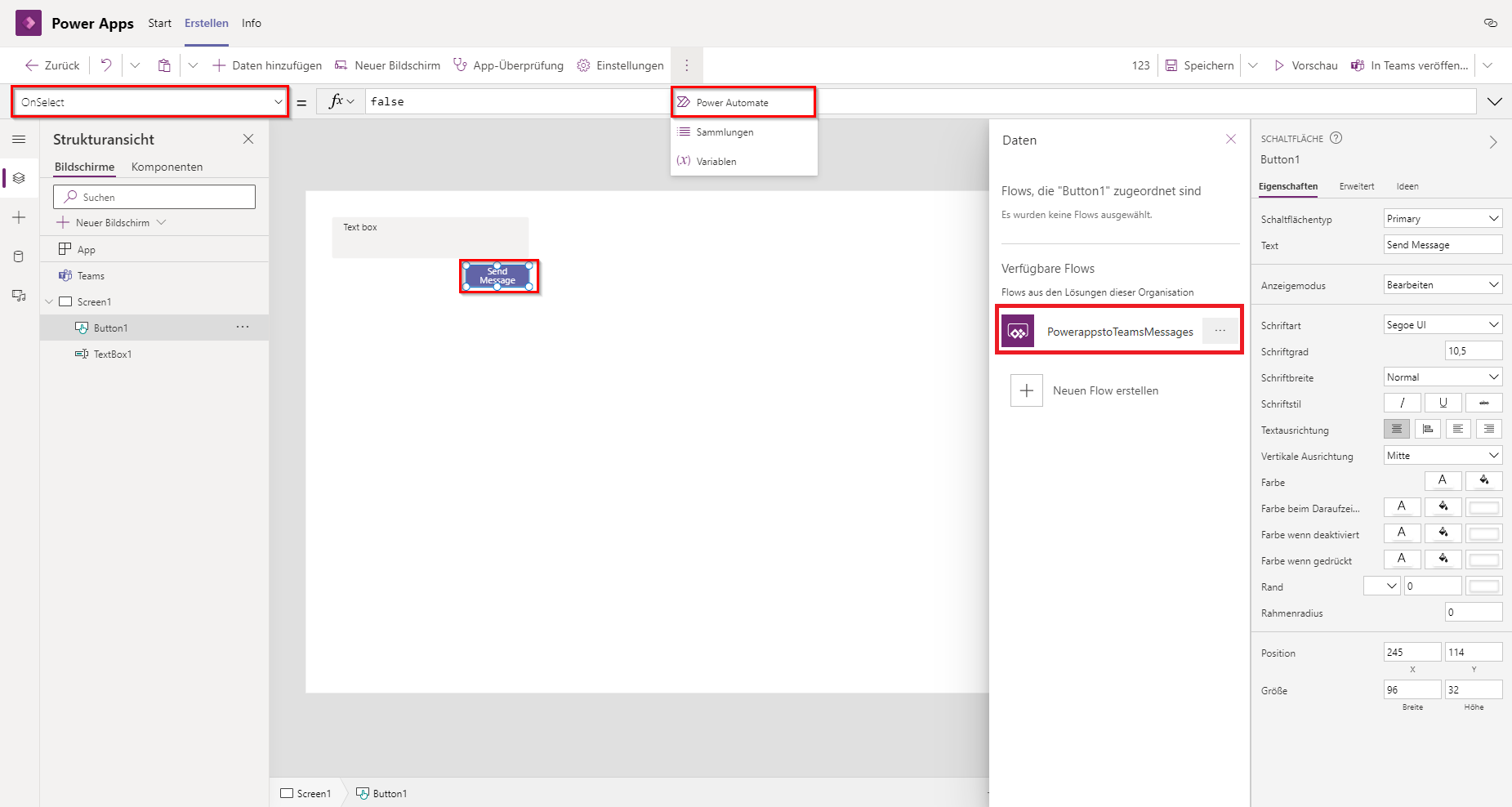 Screenshot von Power Apps mit OnSelect, Power Automate und „PowerApps an Teams“-Nachricht, die hervorgehoben sind