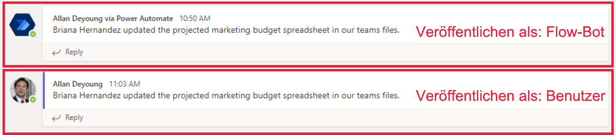 Screenshot des Contoso-Teams-Kanals und beider Testnachrichten.