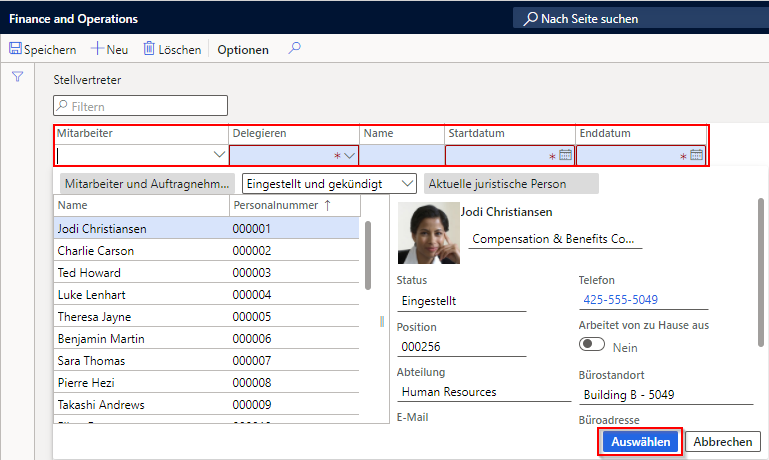 Screenshot der Seite „Stellvertreter“ in Finanzen und Betrieb