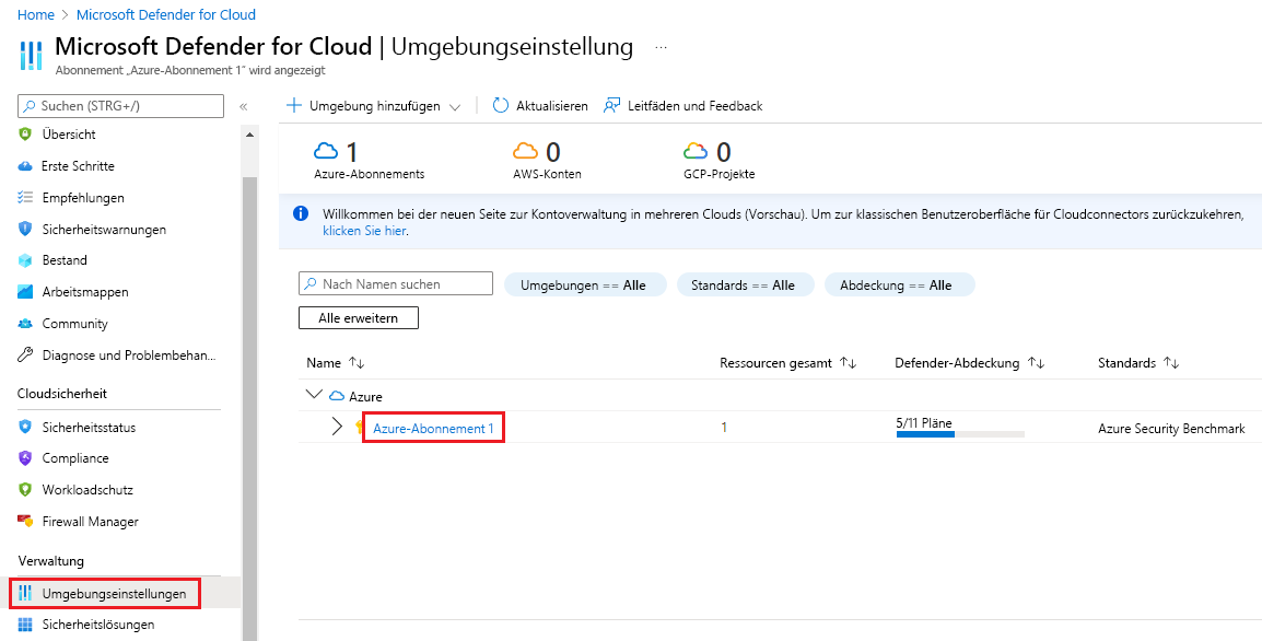 Screenshot der Umgebungseinstellungen für Defender für Cloud.