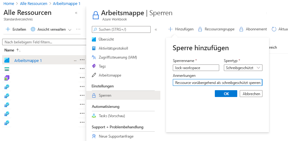 Screenshot, der zeigt, wie Sie eine Ressource im Azure-Portal sperren.