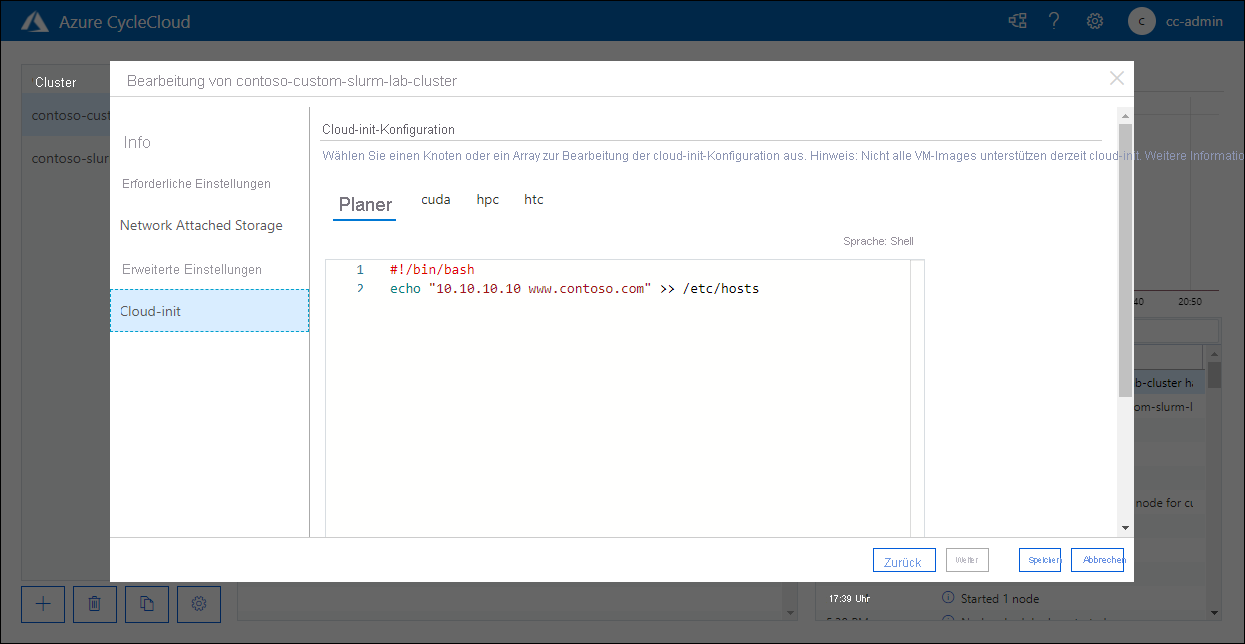 Screenshot: Registerkarte „Cloud-init“ im Popupfenster „contoso-custom-slurm-lab-cluster bearbeiten“ in der Azure CycleCloud-Webanwendung