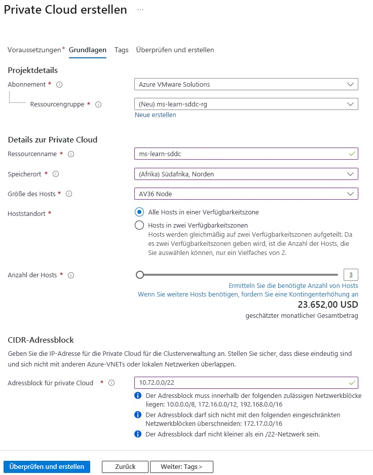 Screenshot der Erstellung einer privaten Cloud für Azure VMware Solution mit allen erforderlichen Feldern für die Bereitstellung im Azure-Portal
