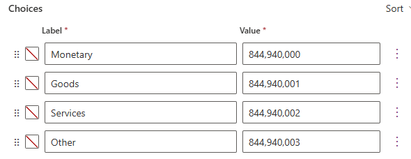 Screenshot des **Auswahlbildschirms** mit festgelegten Beschriftungen und Werten