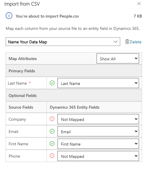 Screenshot des Imports aus dem CSV-Menüs