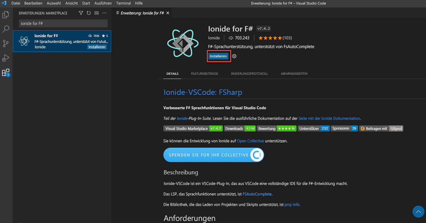 Screenshot der Visual Studio Code-Erweiterungsansicht, in der die Installationsseite der F#Ionide-Erweiterung mit einem Feld um die Schaltfläche 