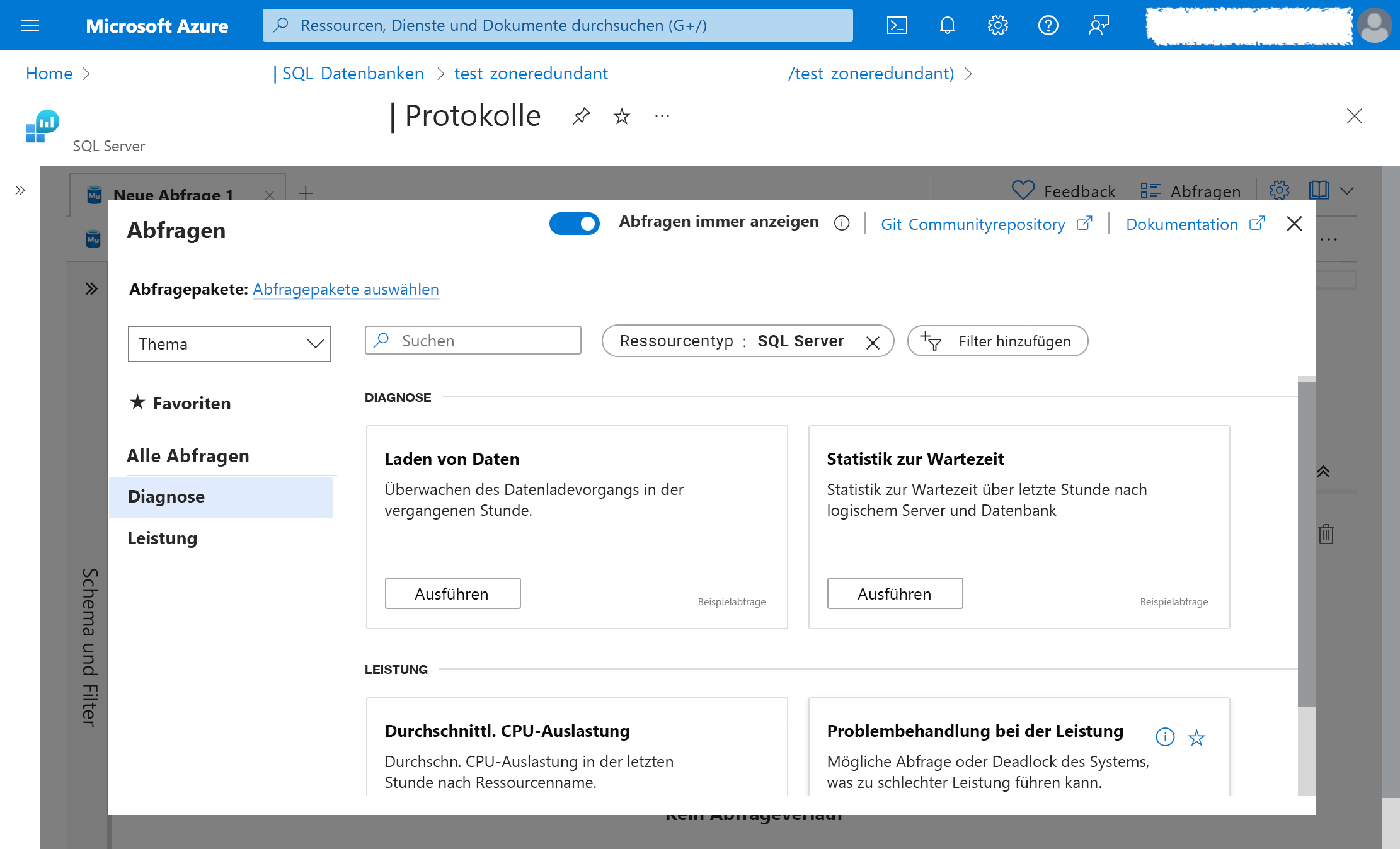 Screenshot des Log-Bereichs, der die Abfrageauswahl anzeigt.