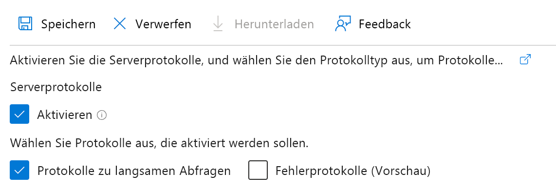 Screenshot der Azure-Portalseite zur Aktivierung der Serverprotokolle für langsame Abfragen.
