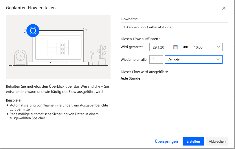 Screenshot zu „Einen geplanten Flow erstellen“ mit dem auf „Erkennen von X-Aktionen“ festgelegten Namen