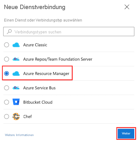 Screenshot von Azure DevOps. Der Azure Resource Manager-Dienstverbindungstyp ist ausgewählt.