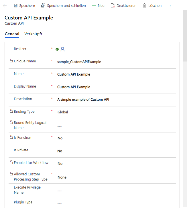 Screenshot eines benutzerdefinierten API-Datensatzes