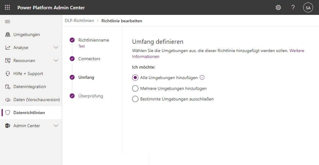 Screenshot des Umfangs der Richtlinie zur Verhinderung von Datenverlust