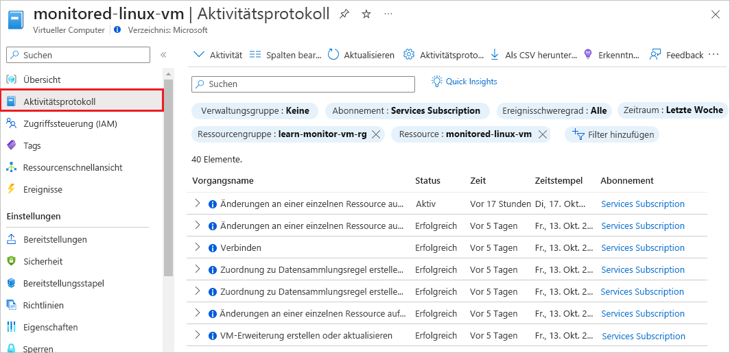 Screenshot: „Aktivitätsprotokoll“ einer VM