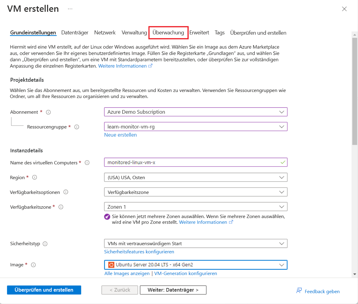 Screenshot: Registerkarte „Grundlagen“ der Seite „Virtuellen Computer erstellen“