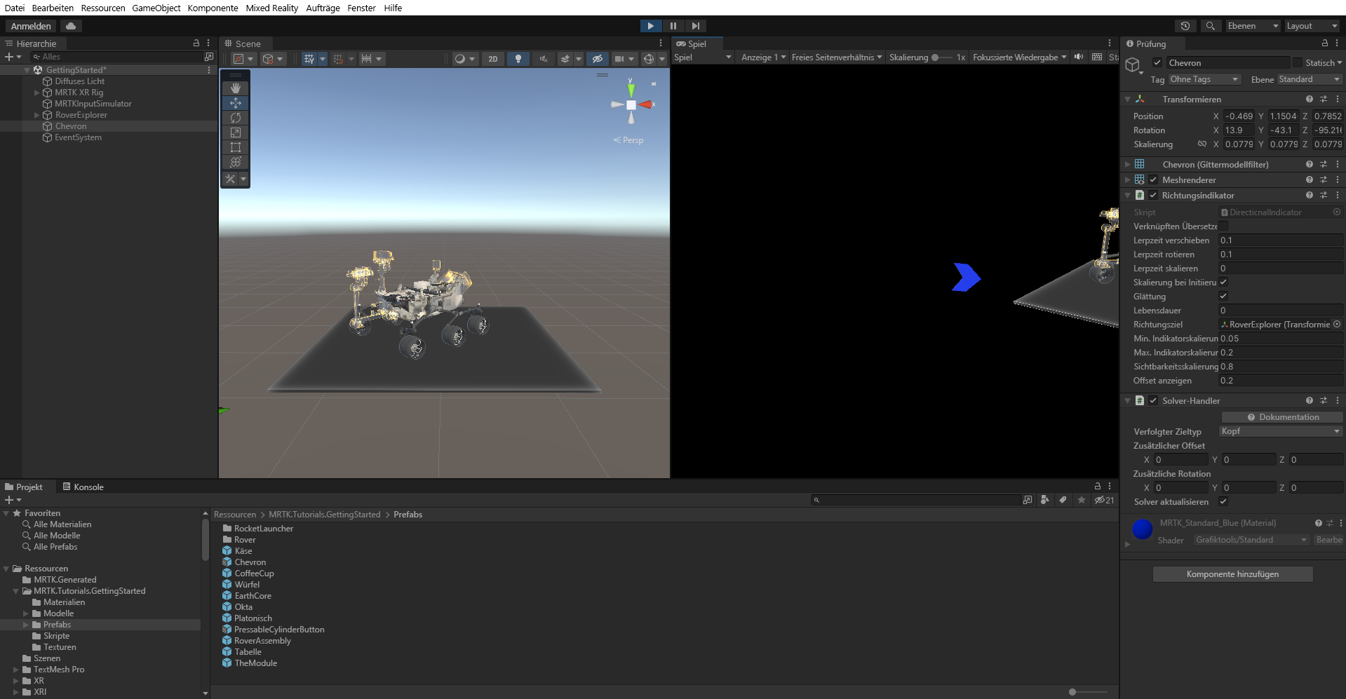 Screenshot: Geteilte Ansicht im Wiedergabemodus mit ausgeführtem Solver „DirectionalIndicator“