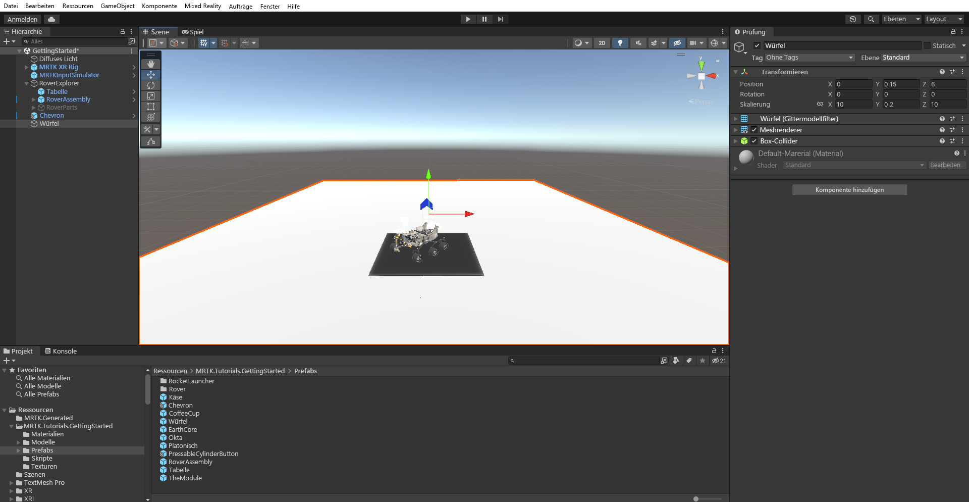 Screenshot: Hinzufügen und Positionieren des temporären Cube-Objekts als Untergrund