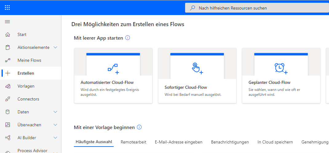 Screenshot der Erstellungsseite mit drei Möglichkeiten, einen Flow zu erstellen