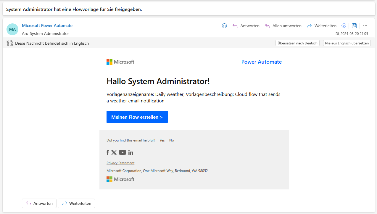 Screenshot der E-Mail-Benachrichtigung, dass ein Flow als Kopie an Sie gesendet wird