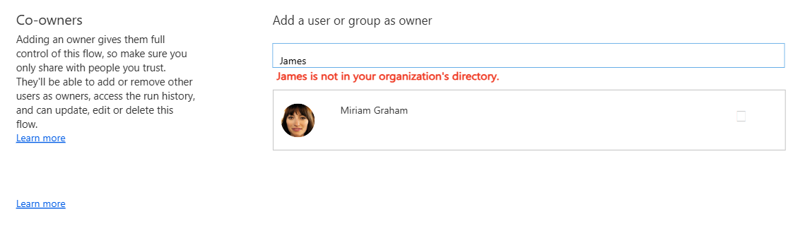 Screenshot der Ergebnisse des Hinzufügens eines Benutzers, der nicht in der Dataverse-Umgebung ist