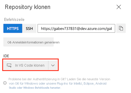 Screenshot von Azure DevOps, der die Repositoryeinstellungen zeigt. Die Schaltfläche zum Klonen in Visual Studio Code ist hervorgehoben.