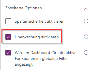 Screenshot des Feldes zum Aktivieren der Überwachung für eine Tabellendefinition