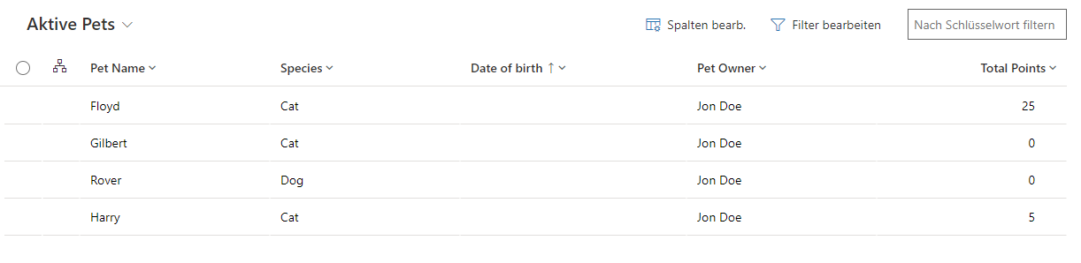 Screenshot der Tabellenansicht und Filter und Suche