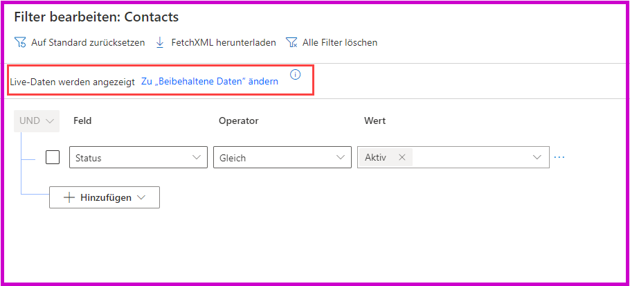Screenshot der LTR-Ansicht der aufbewahrten Daten
