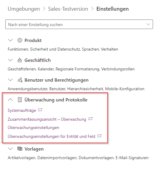 Screenshot der Umgebungseinstellungen für Überwachung und Protokolle.