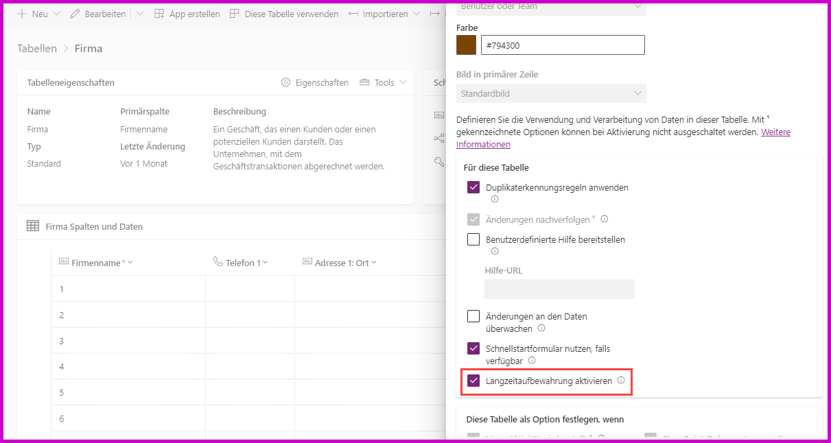 Screenshot der LTR-Tabelleneigenschaften