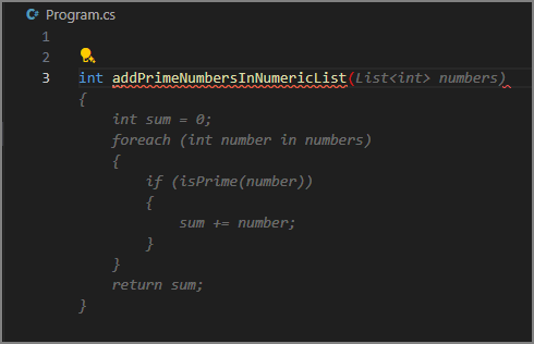 Screenshot der automatischen Vervollständigung für eine Methode, die die Primzahlen in einer Liste hinzufügt.