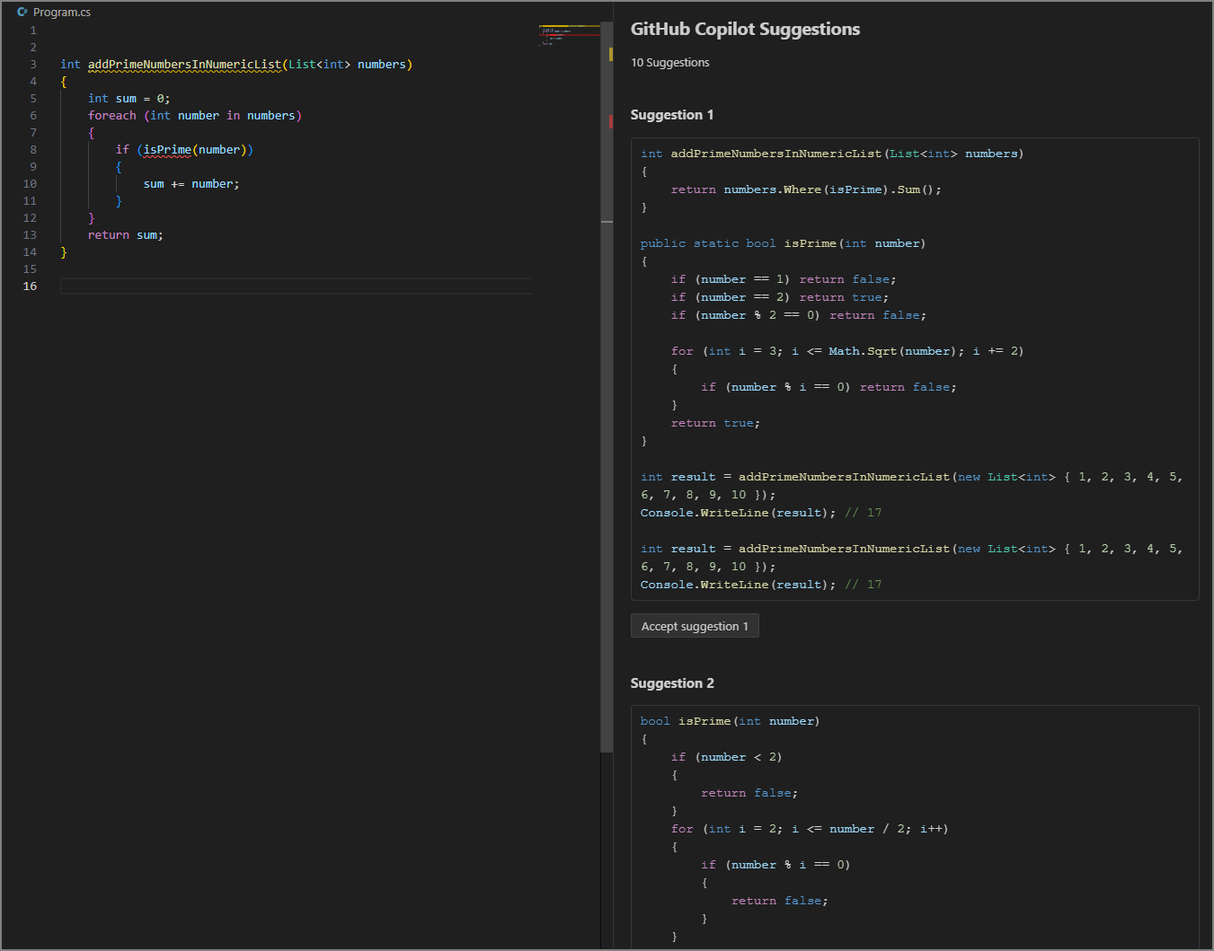 Screenshot der Registerkarte mit GitHub Copilot-Vorschlägen
