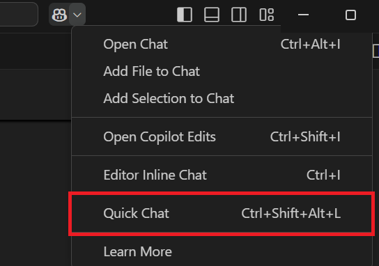 Screenshot, der zeigt, wie Sie in Visual Studio Code auf Quick Chat zugreifen.