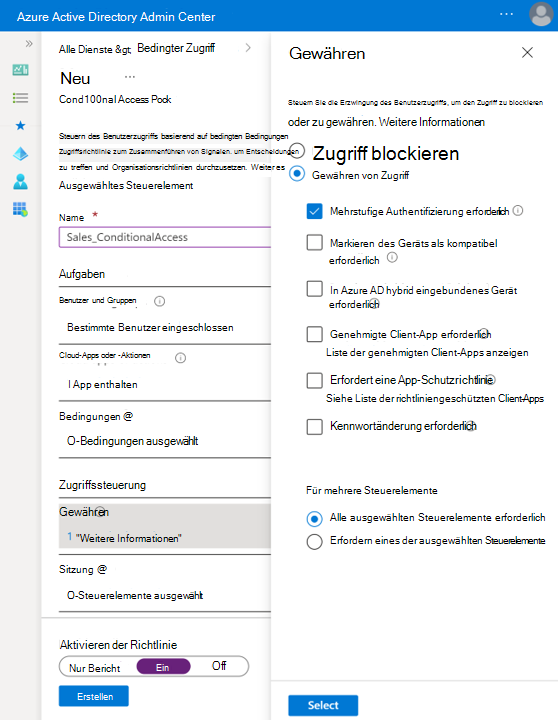 Screenshot: Konfigurieren von MFA in der Richtlinie für bedingten Zugriff