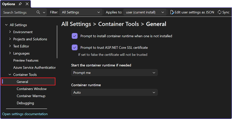 Screenshot der Optionen für Visual Studio-Containertools.