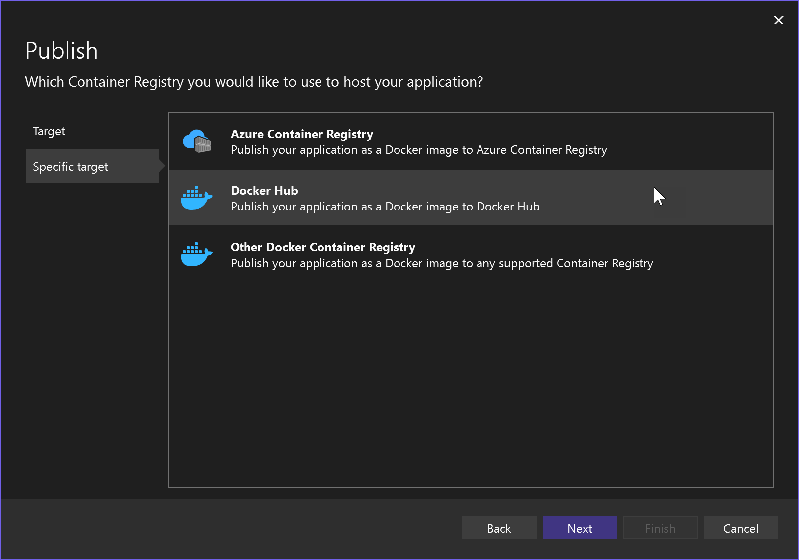 Screenshot der Option zum Veröffentlichen der Docker-Containerregistrierung.