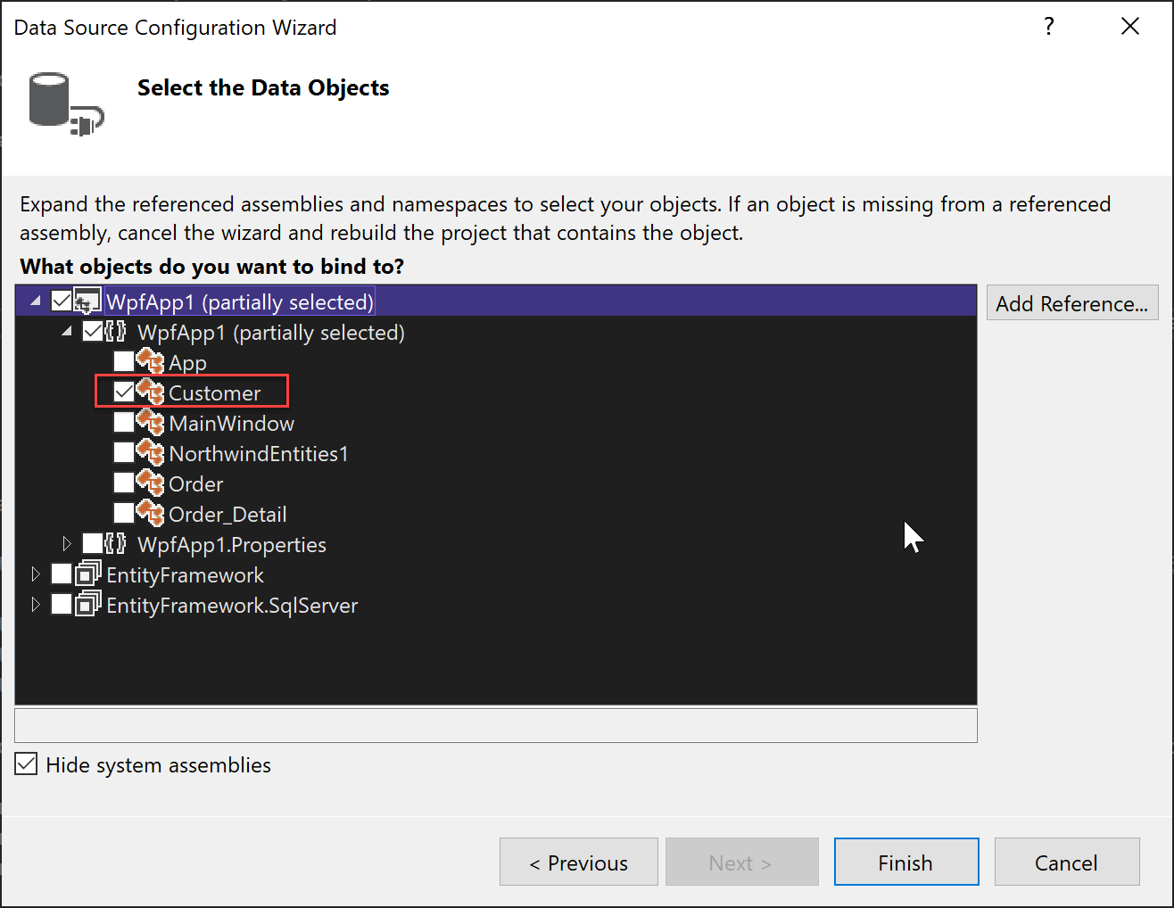 Screenshot des Kundenobjekts, das als Datenquelle ausgewählt ist.
