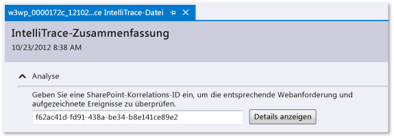 IntelliTrace-Protokoll – Eingeben der SharePoint-Korrelations-ID