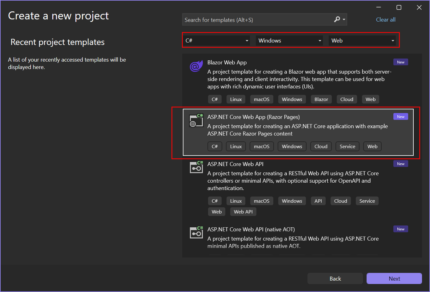Screenshot, der die ASP.NET Core Web App-Projektvorlage zeigt, die auf der Seite 
