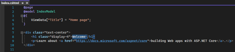 Screenshot zeigt die Datei Index.cshtml für die Startseite im Visual Studio Code-Editor.