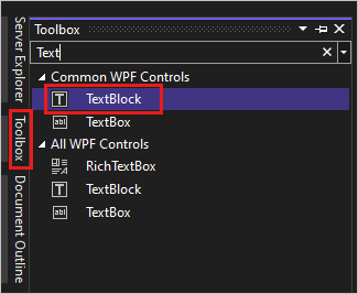 Screenshot des Toolboxfensters mit hervorgehobenem TextBlock-Steuerelement in der Liste der allgemeinen WPF-Steuerelemente.