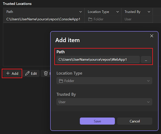 Screenshot, der zeigt, wie ein Ordner als vertrauenswürdiger Speicherort festgelegt wird.