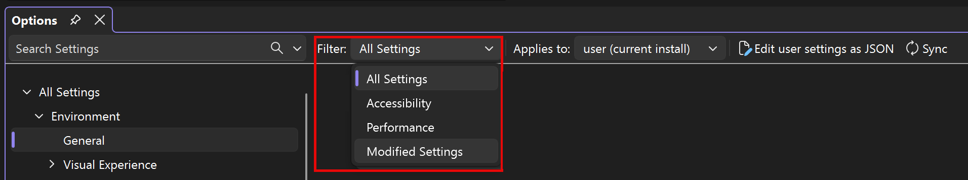 Screenshot der Filteroptionen im Einstellungsbereich.