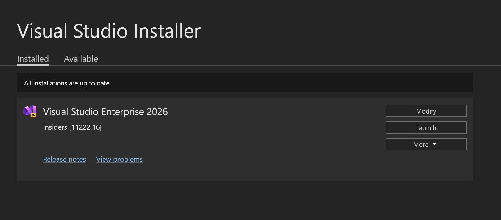 Screenshot einer Liste der Visual Studio-Installationen in Visual Studio Installer.