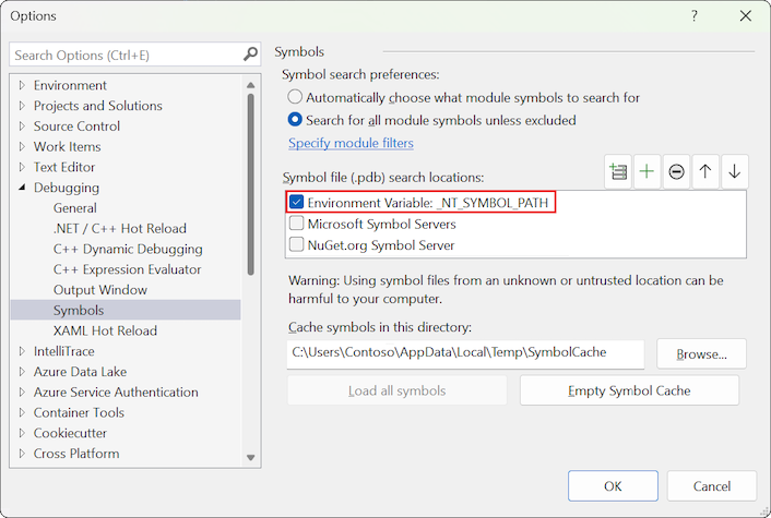 Screenshot, der die Extras, Optionen für das Laden von Symbolen, Debuggen-Optionen zeigt.