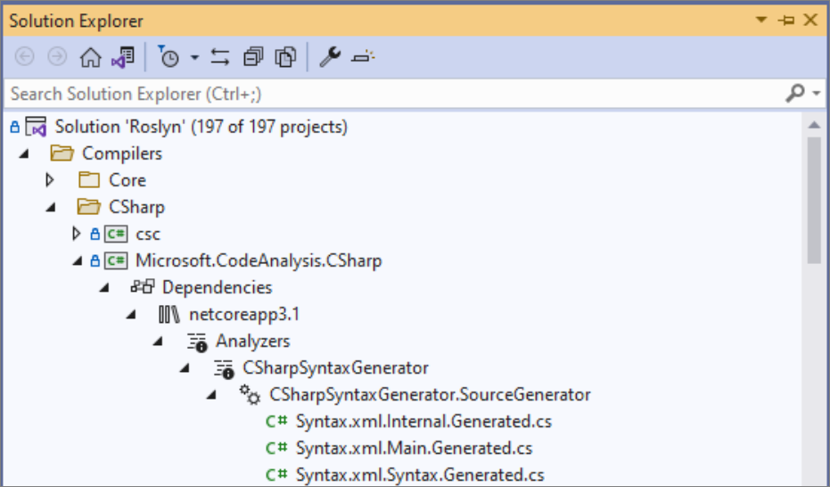 Quell-Generatoren-Knoten im Projektmappen-Explorer