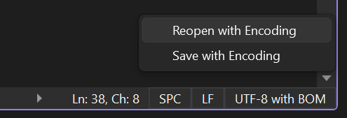 Screenshot des Kontextmenüs mit Optionen zum Speichern und erneuten Öffnen beim Klicken auf den Codierungsrand im Editor