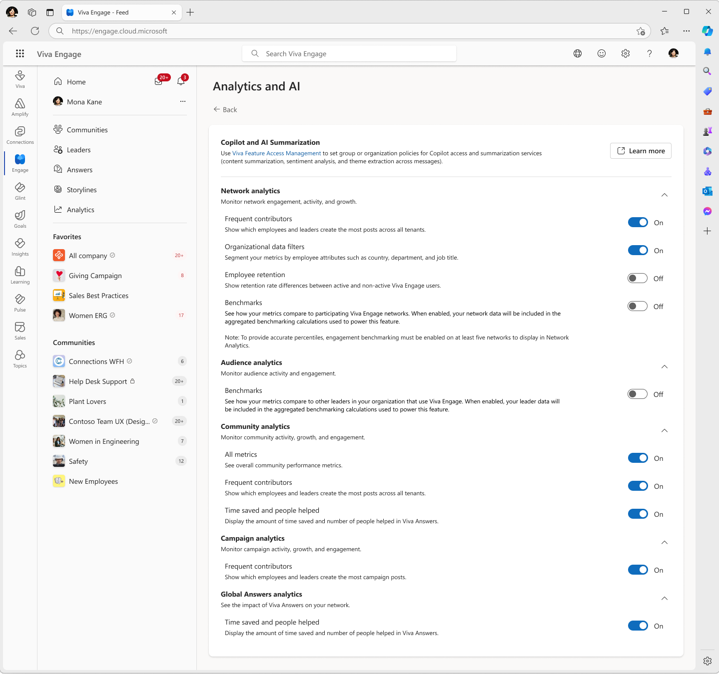 Screenshot der Einstellungen zum Verwalten von Analytics.