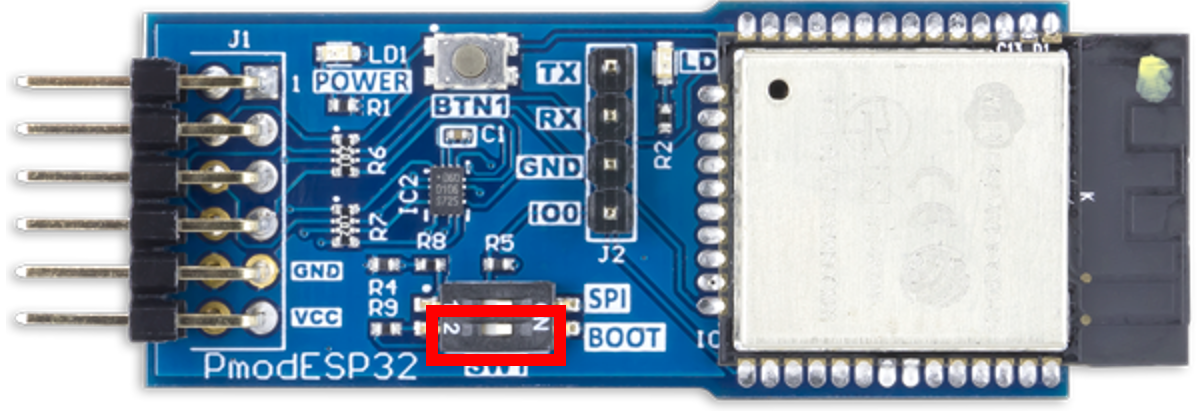Versetzen Sie den ESP32 in den Boot-Modus, indem Sie SW1 in die EIN-Position bewegen.