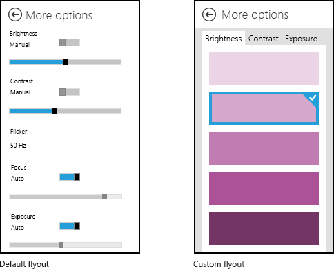 Parallele Bilder des Standard-Flyouts für weitere Kameraoptionen und ein benutzerdefiniertes Flyout.